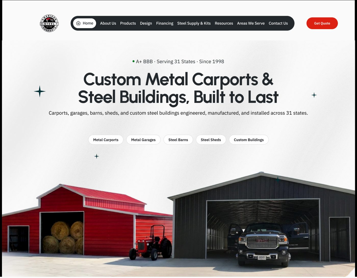The redesigned American Steel Carports homepage: a clear headline, product entry points, and a photo of a red steel garage