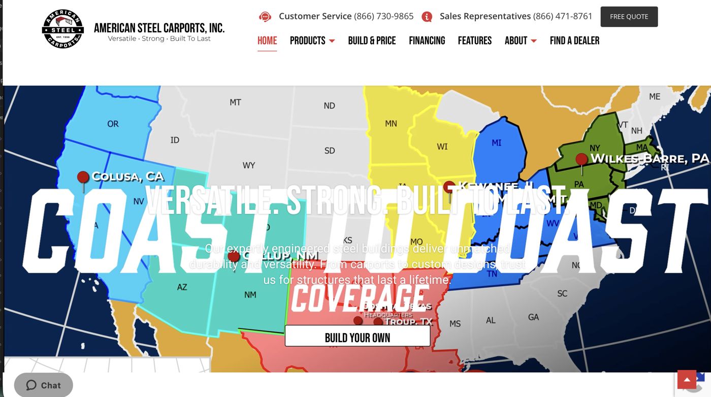 The live American Steel Carports homepage: a coast-to-coast coverage map with a slogan over it