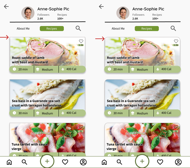 Two phone screens side by side showing the same chef profile and recipe list: on the left the recipe cards have square corners, on the right they have rounded corners. A red arrow points at the first card on each side.